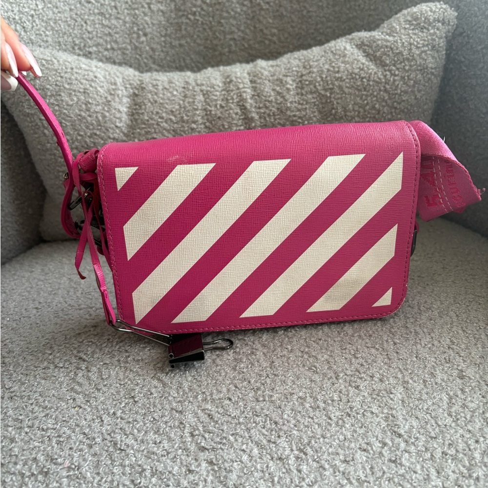 Off-White Pink and White Diagonal Stripe Crossbody Bag